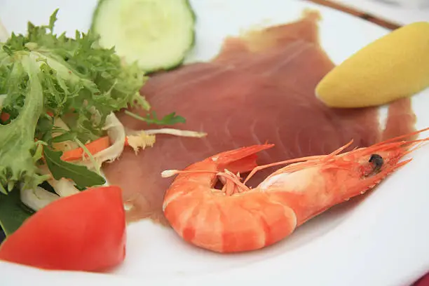 "carpaccio of tunafish, served with a gamba and some salad"