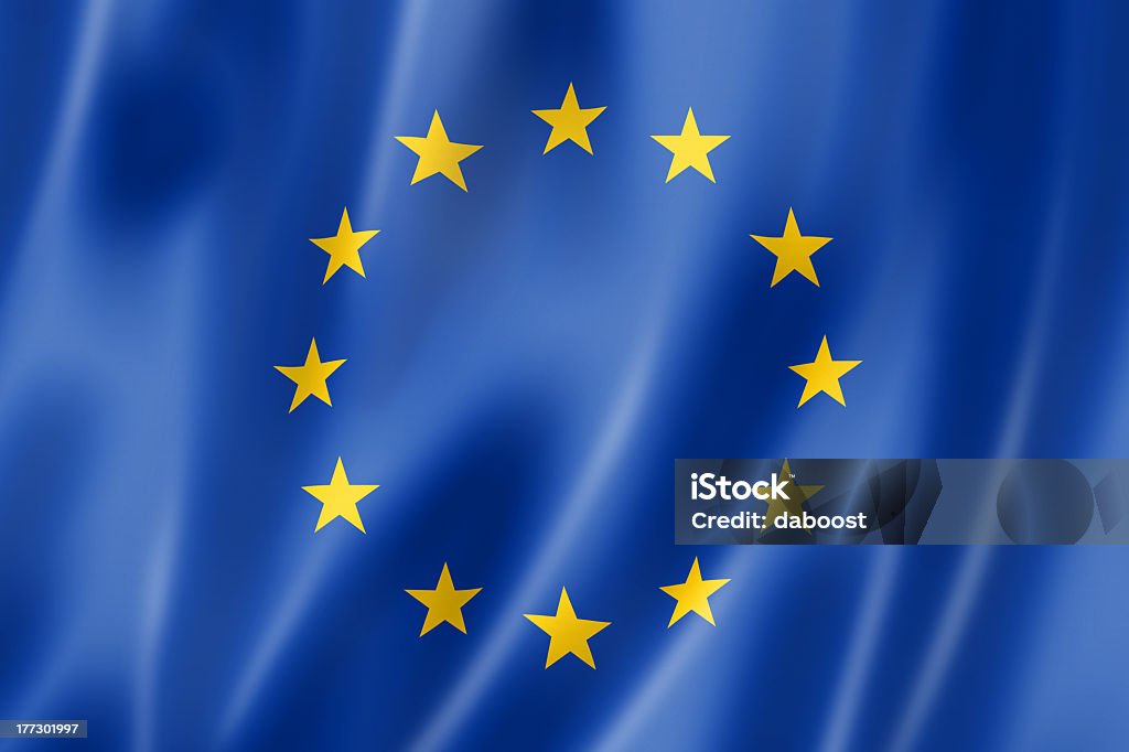 European Union flag with blue and yellow stars European union flag, three dimensional render, satin texture Flag Stock Photo