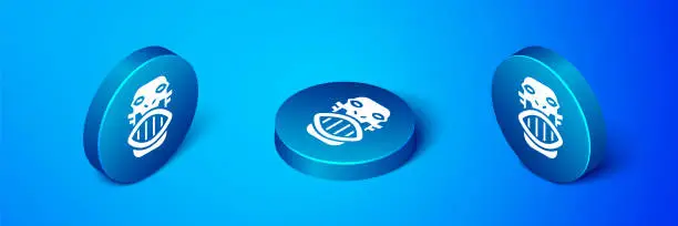 Vector illustration of Isometric Mexican mayan or aztec mask icon isolated on blue background. Blue circle button. Vector