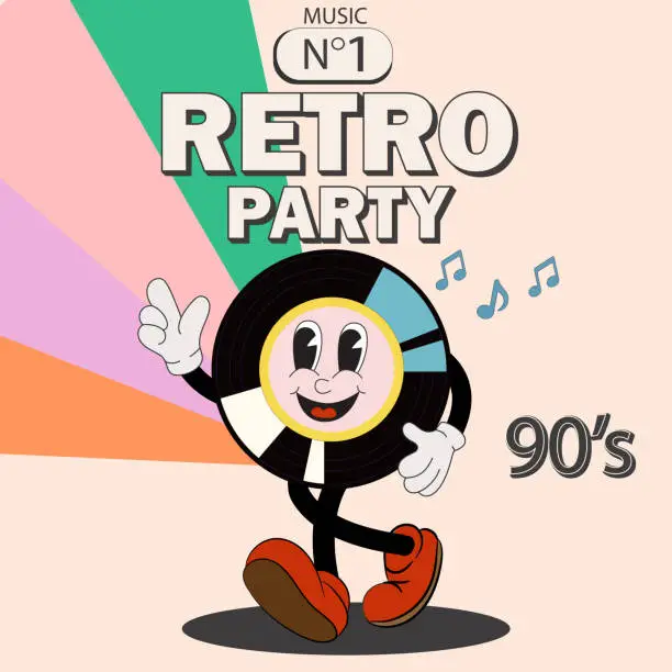 Vector illustration of Retro party posters set. Colored vintage covers in 90s disco style.