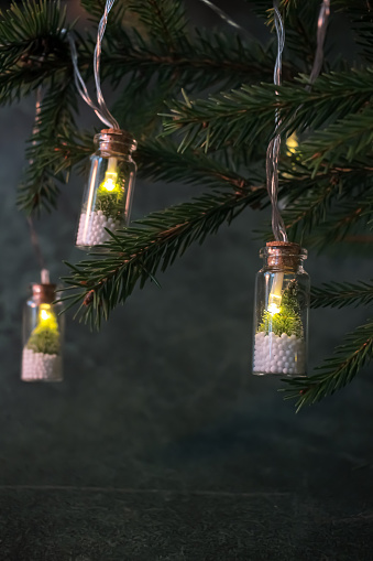 unusual creative Christmas lights on the Christmas tree, in the form of a glass bottle inside the fir tree and snow. Festive new year decor, dark composition, copy space