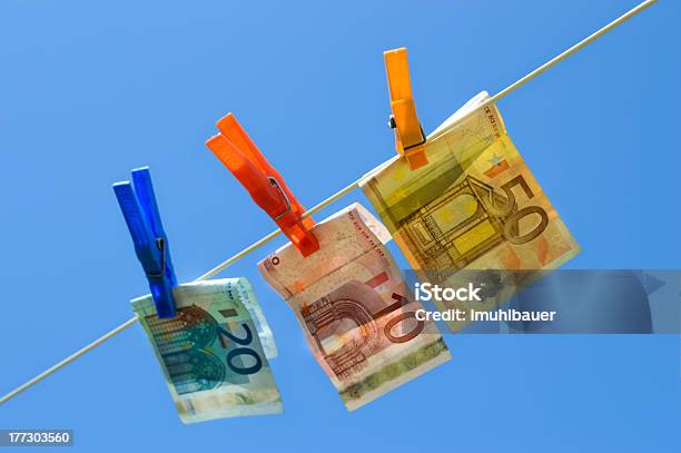 Three Euro Bills On Washing Line Stock Photo - Download Image Now - Backgrounds, Blue, Business
