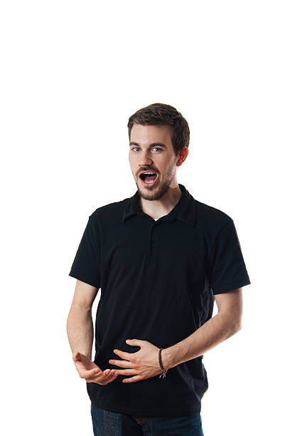 Man standing singing or burping stock photo
