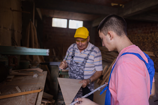 A grandfather and his grandson crafting together in a family woodshop.