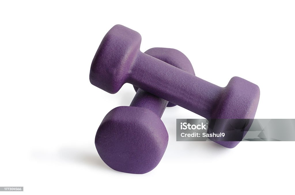 purple dumbbell weights Two purple dumbbell weights isolated on white with soft shadow. Dumbbell Stock Photo