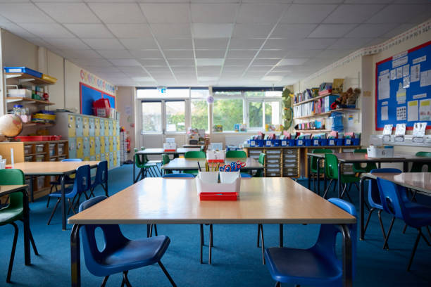 empty tables and chairs in primary or elementary school classroom - klaslokaal fotos stockfoto's en -beelden