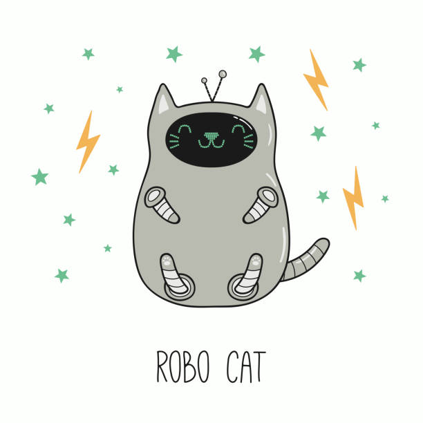 ilustraciones, imágenes clip art, dibujos animados e iconos de stock de gato lindo robot - robot manga style cute characters