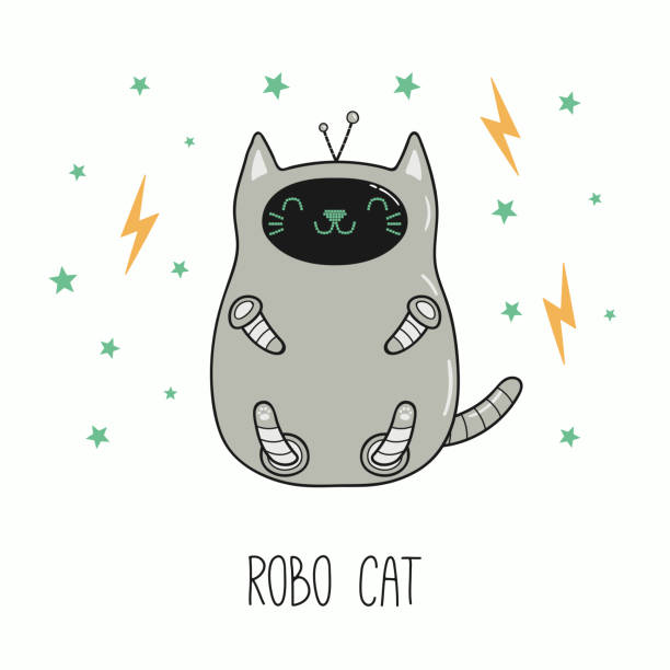 ilustrações, clipart, desenhos animados e ícones de gato robô bonitinho - robot manga style cute characters