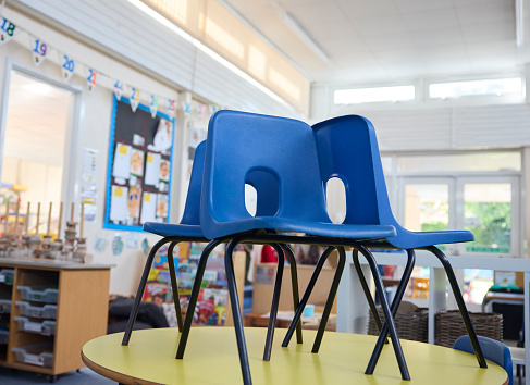 Chairs On Tables In Empty Primary Or Elementary School Classroom At End Of The Day