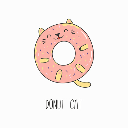 Hand drawn vector illustration of a kawaii funny donut with cat ears. Isolated objects on white background. Line drawing. Design concept for cat cafe menu, children print.