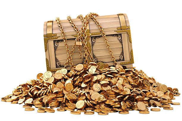 chest old wooden chest in chains on a pile of gold coins. isolated on white. antiquities stock pictures, royalty-free photos & images