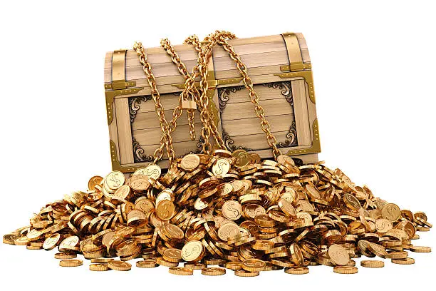 old wooden chest in chains on a pile of gold coins. isolated on white.
