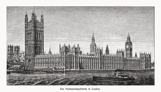 Historical view of the Houses of Parliament in London, England, United Kingdom. Wood engraving, published in 1894.