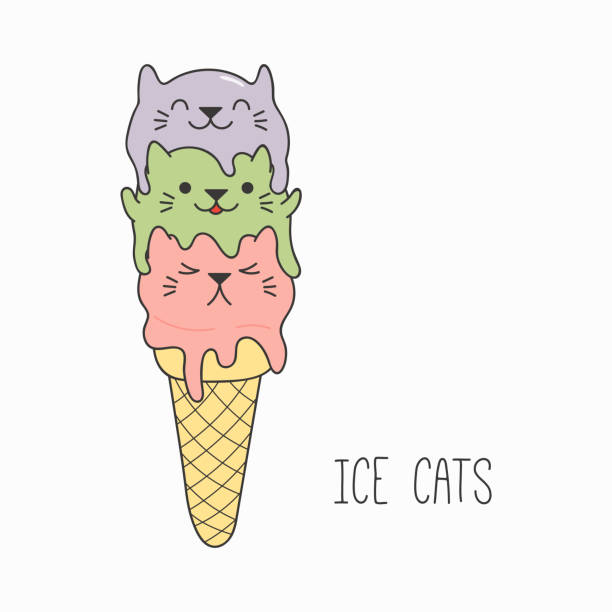 Cute cat ice cream Hand drawn vector illustration of a kawaii funny ice cream cone with cat ears. Isolated objects on white background. Line drawing. Design concept for cat cafe menu, children print. melting girl stock illustrations