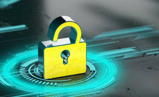 Photo of Opened Padlock icons on abstract futuristic circle circuit board background