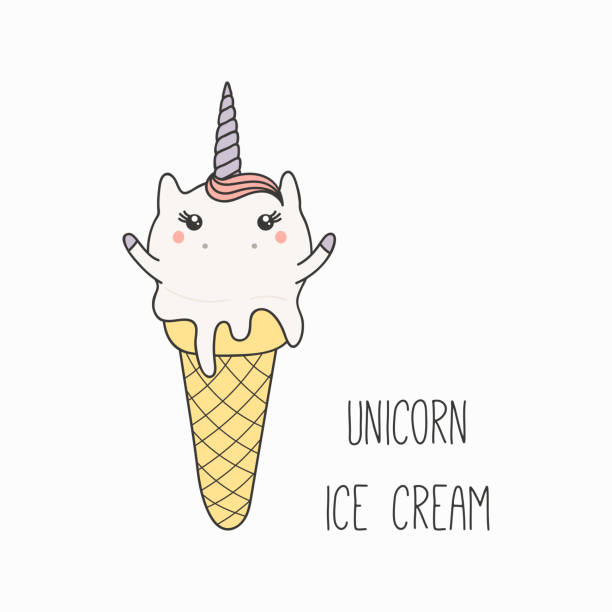 Kawaii unicorn ice cream Hand drawn vector illustration of a kawaii funny ice cream cone with unicorn horn, ears, with text. Isolated objects on white background. Line drawing. Design concept for cafe menu, children print. melting girl stock illustrations