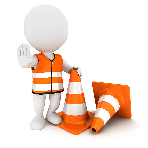 3D white character signing stop with some orange cones