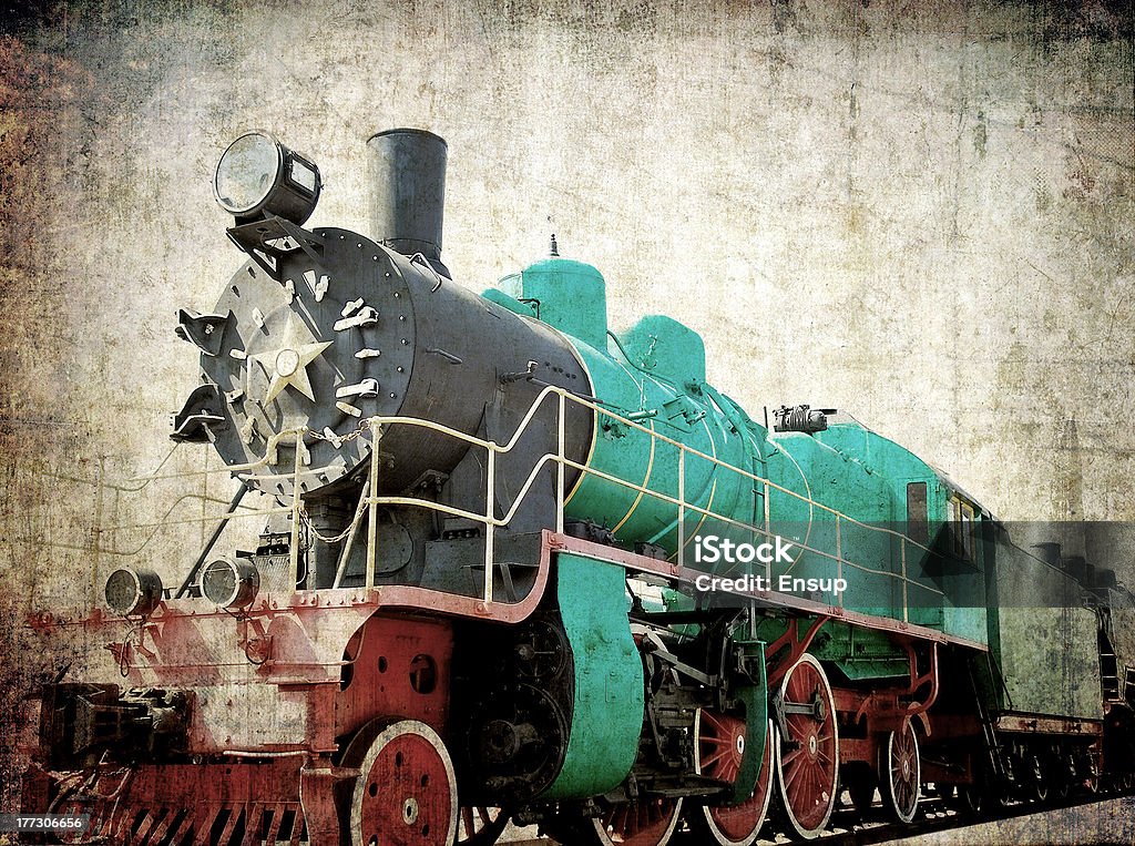 Vintage steam locomotive Old steam locomotive in grunge style Antique Stock Photo