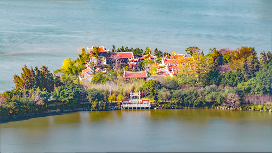 View of San Giulio island on Lake Orta, in Piedmont region, north Italy