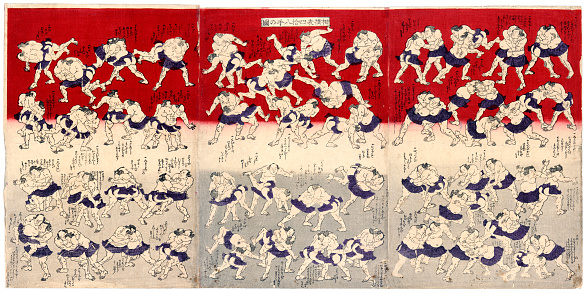 Color woodblock print of the sumo