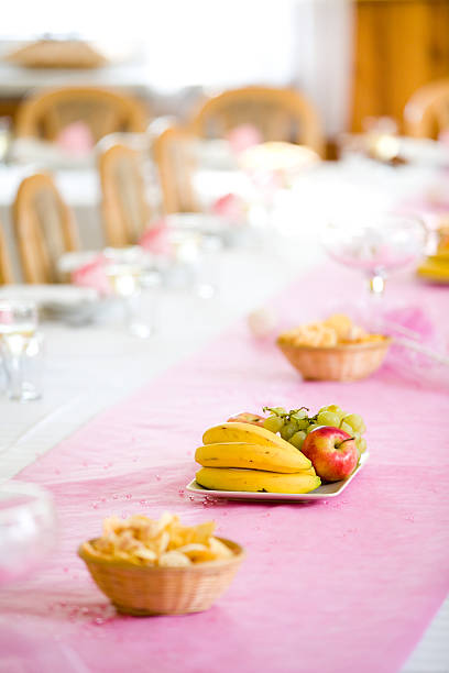 Fresh fruit on wedding or reception table, copy stock photo