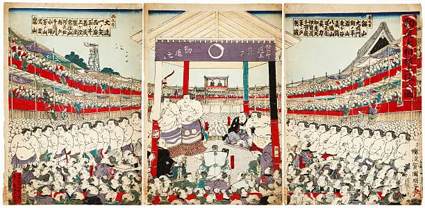 Color woodblock print of the sumo