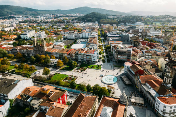 Aerial drone view of historic city of Braga in northern Portugal on a sunny day stock photo