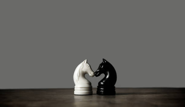 istock Vintage chess pieces, black and white knight on dark gray background 1773102954