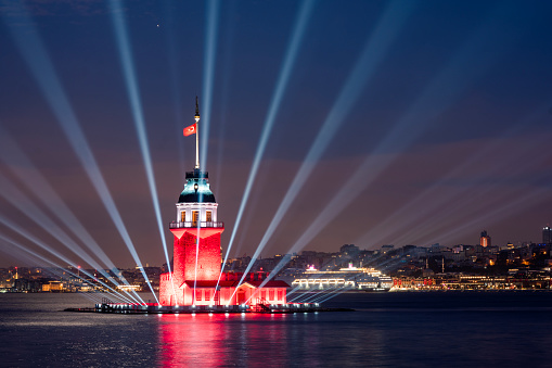 Lights at Maiden's Tower in Istanbul, Turkey