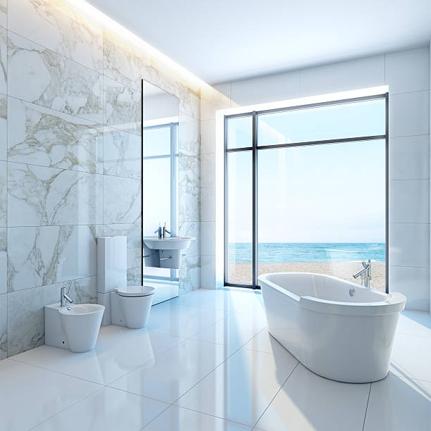 Pristine white bathroom by the sea
