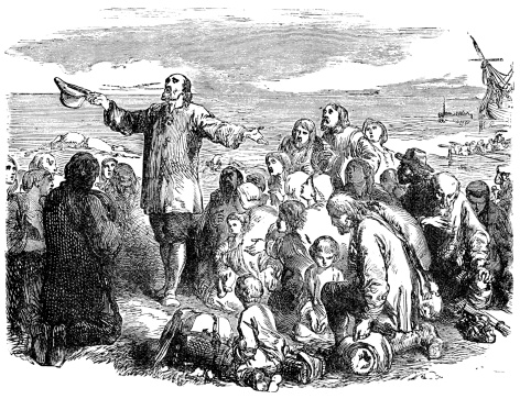 An engraved illustration of the Pilgrim Fathers leaving England, from a Victorian book dated 1883 that is no longer in copyright