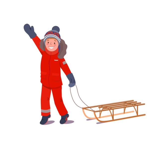 маленький мальчик карабкается в гору по снегу, тянет санки и машет рукой. семейный отдых на свежем воздухе зимой. скатывание с горки. - little boys sled clothing slide stock illustrations
