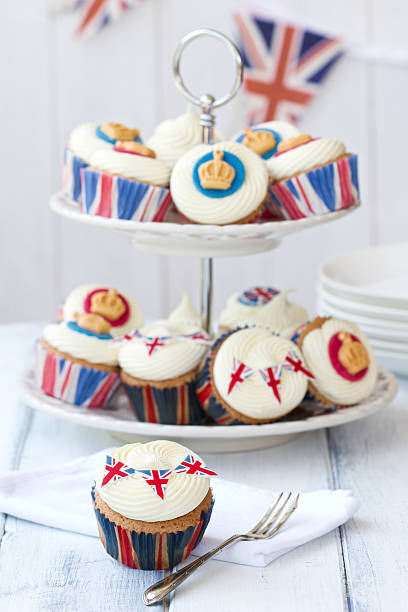 Close-up of cupcakes with Royal Jubilee decorations Cupcakes to celebrate the Diamond Jubilee of Queen Elizabeth II british culture stock pictures, royalty-free photos & images