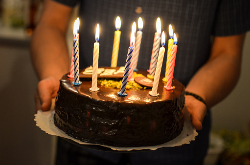 Birthday cake with burning candles on it