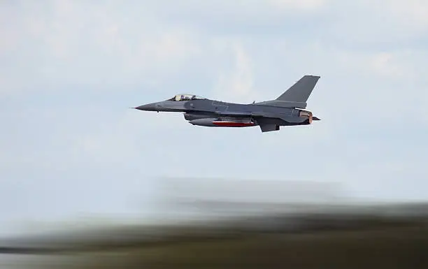 Military jet airplane at high speed with motion blur