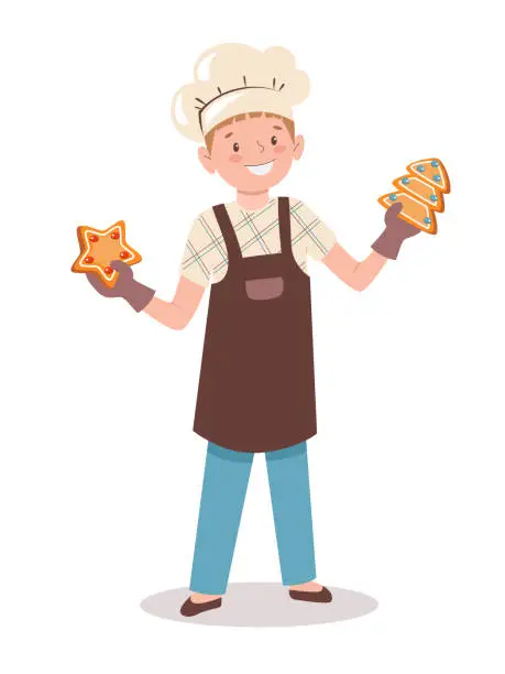 Vector illustration of Little cook. The child is holding gingerbread in shape of star and Christmas tree. Cartoon boy in a chef's hat and apron bakes Christmas cookies.