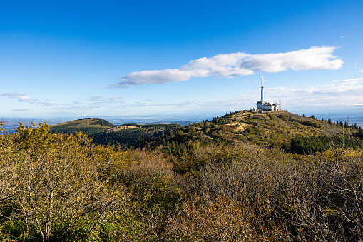 Mont Pilat television transmitter, at the top of Crêt de l’Œillon, in the Pilat regional natural park in autumn