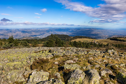 Panorama in autumn over the Pilat regional natural park from Crêt de la Perdrix, highest point at 1432m altitude