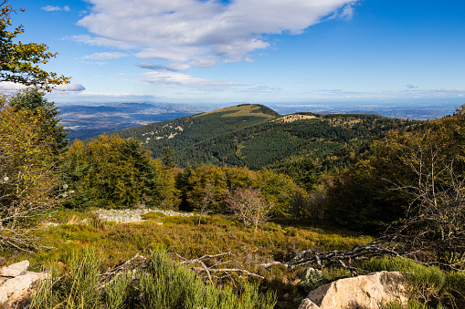 Panorama of the Pilat regional natural park from Crêt de l’Œillon, at an altitude of 1400m in autumn
