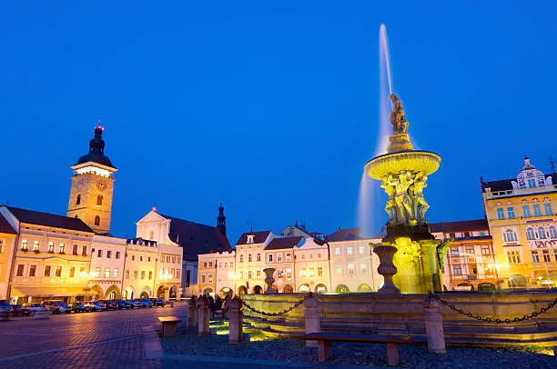"night view of place in Ceske Budejovice, Czech Republic."