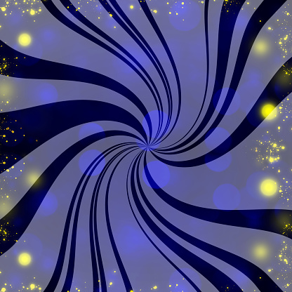 Abstract twist shape background in blue colors with defocused glowing lights and particles. Color spiral background.