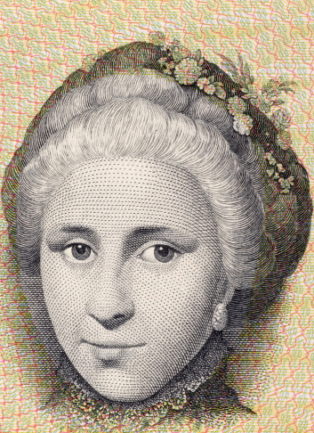 Catherine Sophie Kirchhoff on 10 Kroner 1972 Banknote from Denmark. Less than 30% of the banknote is visible.
