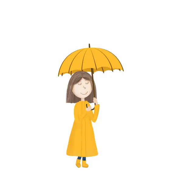 Vector illustration of Little girl in a yellow coat with an umbrella. Vector illustration