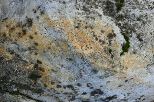 Ultra close-up of white rock with rust and moss. This could be quartz, marble, plagioclase feldspar, etc. In the New England woods.
