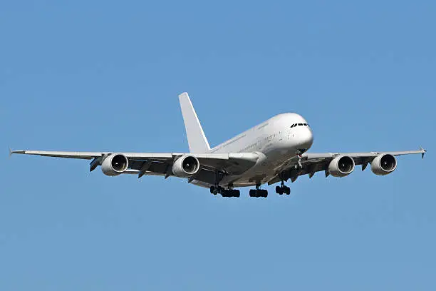 "Airbus A380 landing at Washington Dulles International Airport in Virginia, USA."