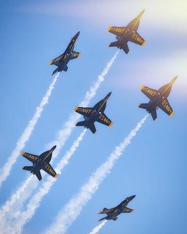 Miramar, California, USA - September 23, 2023: The US Navy Blue Angels flying at America's Airshow 2023.