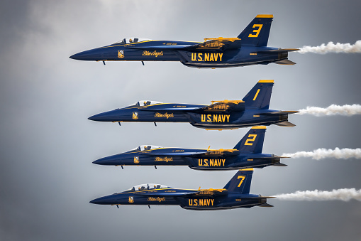 Miramar, California, USA - September 21, 2023: Four US Navy Blue Angels fly in formation at America's Airshow 2023.