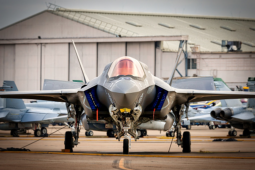 Miramar, California, USA - September 22, 2023: An F-35 Lightning II is chained to the tarmac at America's Airshow 2023.