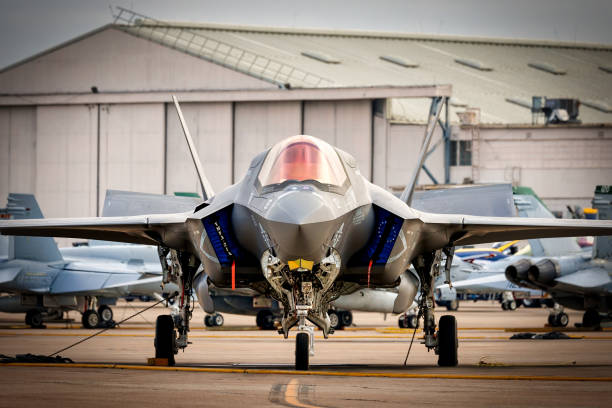Chained Down Miramar, California, USA - September 22, 2023: An F-35 Lightning II is chained to the tarmac at America's Airshow 2023. miramar air show stock pictures, royalty-free photos & images