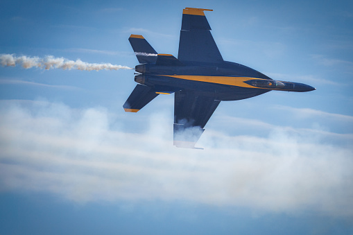 Miramar, California, USA - September 23, 2023: A US Navy pilot with the Blue Angels soars overhead at America's Airshow 2023.